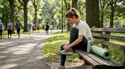Woman tying shoes in wellness apparel outdoors