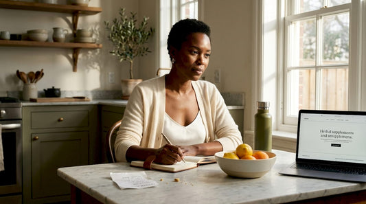 Woman journaling at kitchen table about wellness