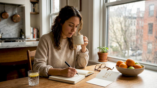 Woman journaling morning wellness routine at kitchen table