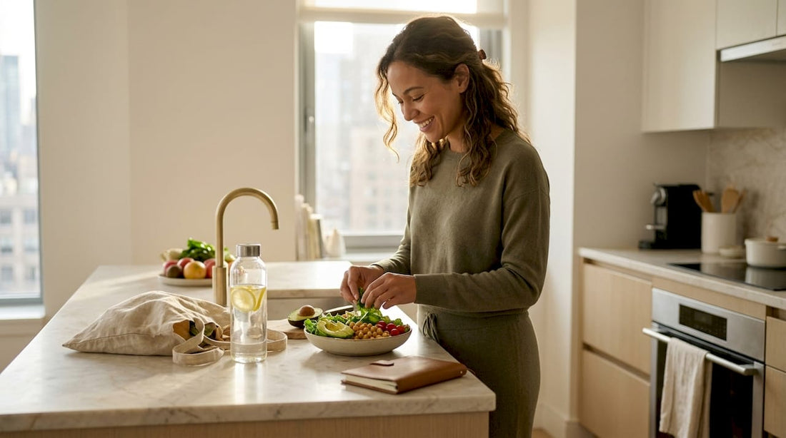 Woman prepping healthy salad at apartment kitchen