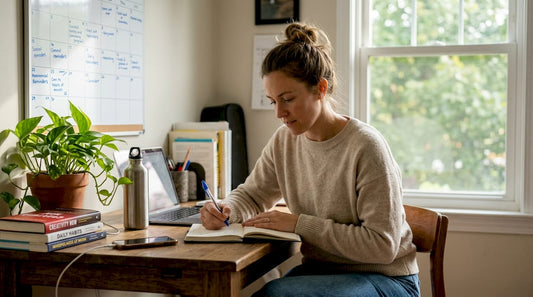 Woman journaling in bright home office