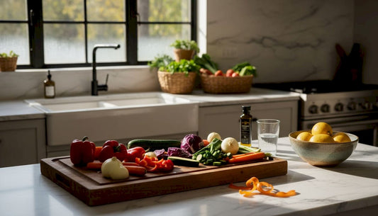 Woman chopping vegetables in bright kitchen