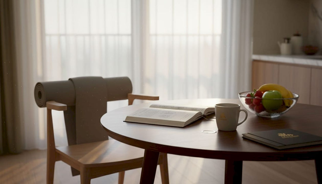 Woman journaling wellness at kitchen table