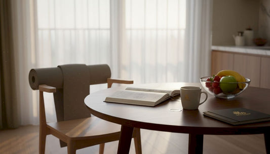 Woman journaling wellness at kitchen table