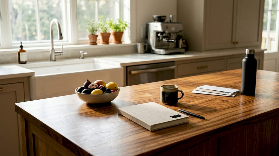 Woman journaling at kitchen table in morning