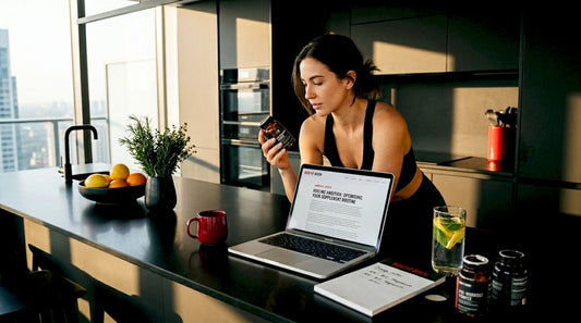 Woman reading supplement label at kitchen table
