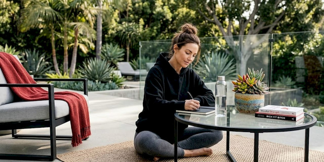 Woman journaling in cozy morning self-care setting