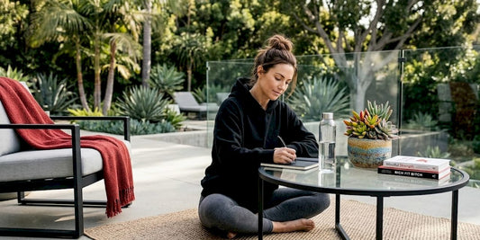 Woman journaling in cozy morning self-care setting