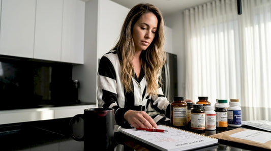 Woman reviewing wellness products at kitchen table